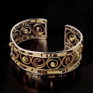 Vintage Seed Beaded Scroll Pattern Gold Tone Cuff Bracelet
